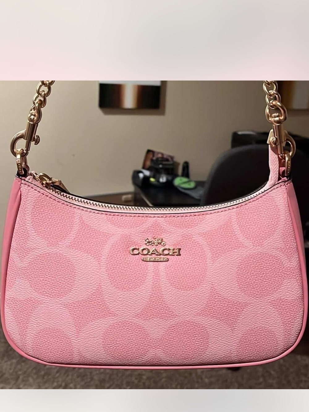 Coach Pink Signature Mini Shoulder Bag with Gold Hardware